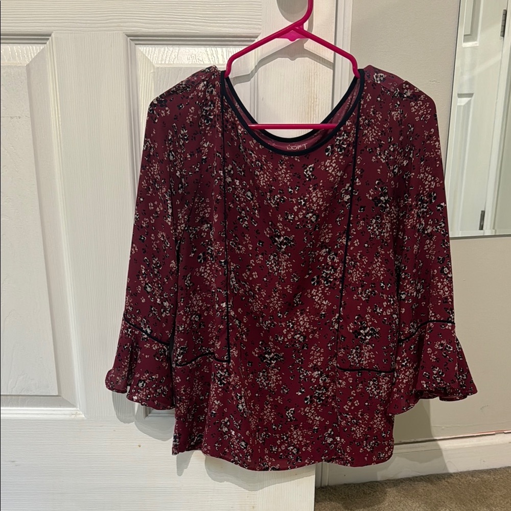 LOFT Red Ruffled Blouse with 3/4 Sleeves